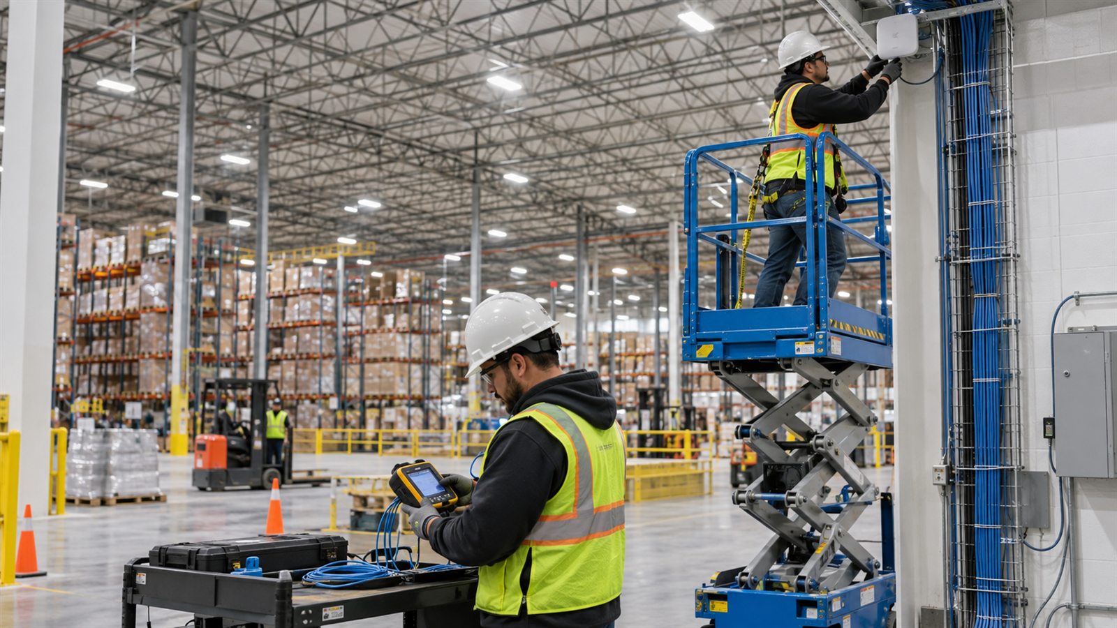 Nettelix technician installing wireless equipment in a warehouse